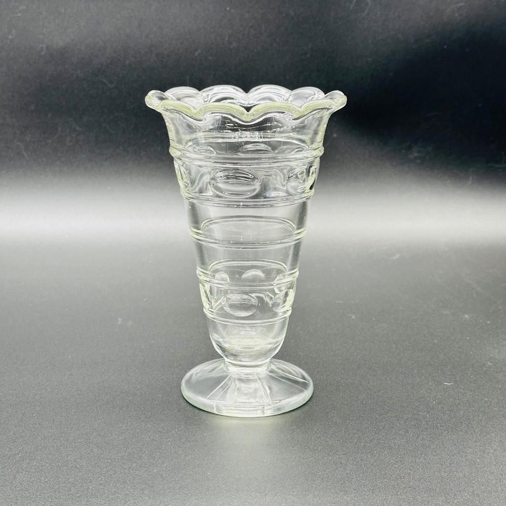 Vintage Clear Pressed Glass Footed Bud Vase Scalloped Rim 7"